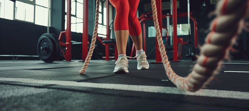 Young woman exercising with battle rope at the gym with copy space for text placement