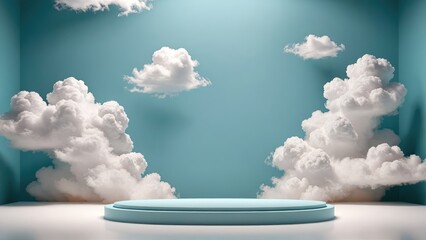 In a daylit scene, an empty platform with volumetric soft lighting stands out in turquoise, 3D rendered against a pastel cyan background with round clouds