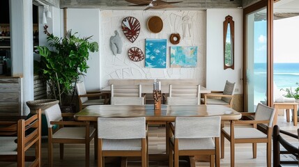beach dining room, table chairs pictures, picture window