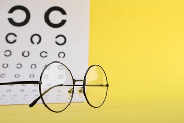 Vision test chart and glasses on yellow background, closeup. Space for text