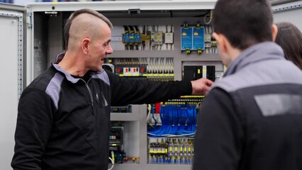 Electric engineer giving educational training class. Man showing electrical panel to factory employees