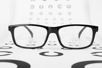 Vision test chart and glasses on white background, closeup