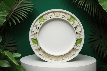 white round podium with leaves for product presentation, tropical, green