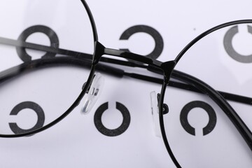 Vision test chart and glasses, closeup view