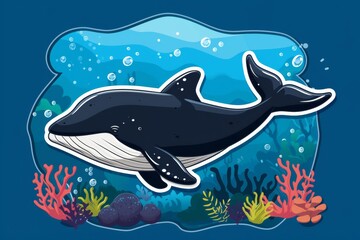 Obraz premium A majestic whale gracefully glides through the crystal clear waters of the reef, accompanied by playful dolphins and other marine mammals, showcasing the beauty and wonder of aquatic life