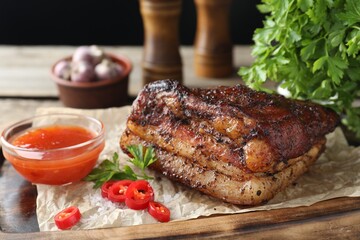 Piece of baked pork belly served with sauce and chili pepper on wooden board, closeup