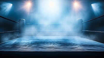 Deserted professional boxing ring in a spacious arena, waiting for action to commence