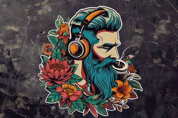 A vibrant illustration of a man lost in music, surrounded by blooming flowers, bringing a unique blend of cartoonish and graffiti elements to life in this colorful piece of art
