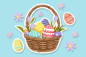 A rustic wicker basket brimming with colorful easter eggs and delicate spring flowers, ready for a charming picnic or stylish storage