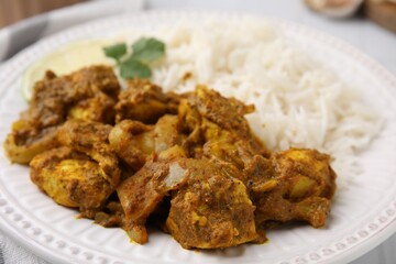 Delicious chicken curry with rice on table, closeup