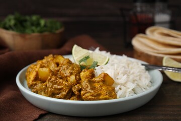 Delicious chicken curry with rice on wooden table, closeup