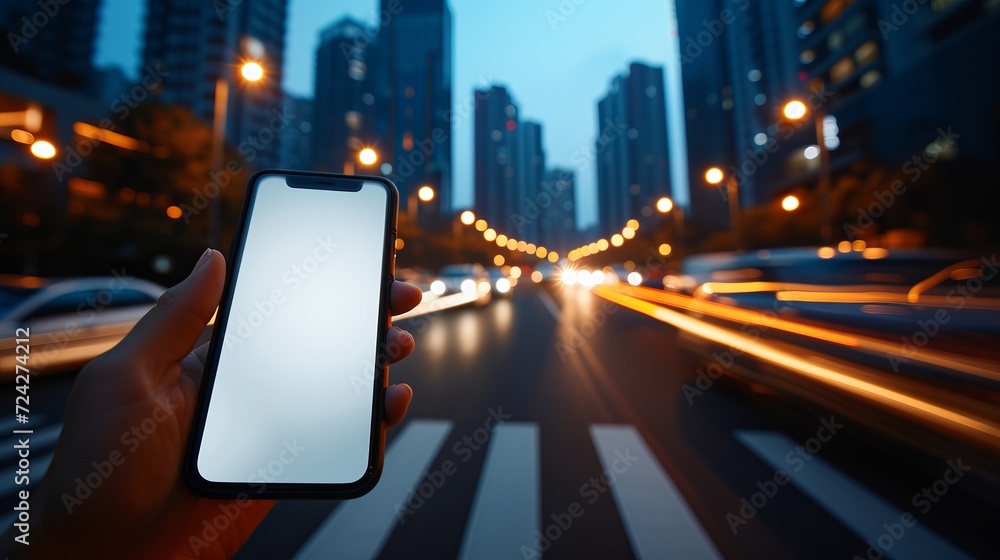 Poster night cityscape woman using mobile app on blurred background with copy space for text placement