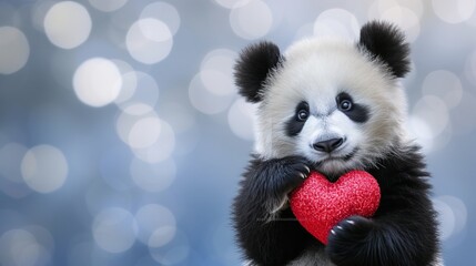 Cute panda baby with heart shaped gift on magical background for valentine s day
