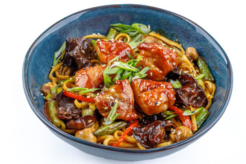 Udon with chicken teriyaki on a white background studio shooting 1