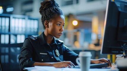 Uniformed female black police officer at a police station, looking at the computer 