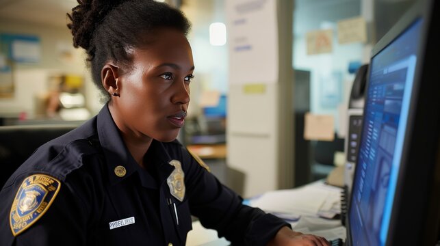 Uniformed female black police officer at a police station, looking at the computer 