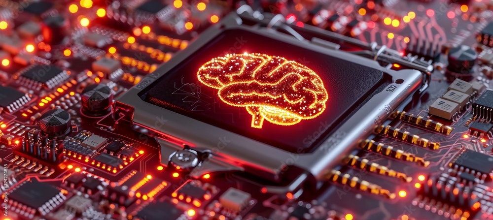 Poster shining brain icon on cpu with interactive holographic security elements and copy space for text
