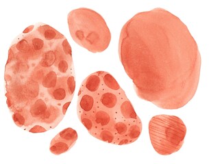 abstract watercolor stains of peach color with different patterns and different shapes on a white background