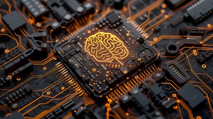 Shining brain icon on cpu with interactive holographic security elements and copy space