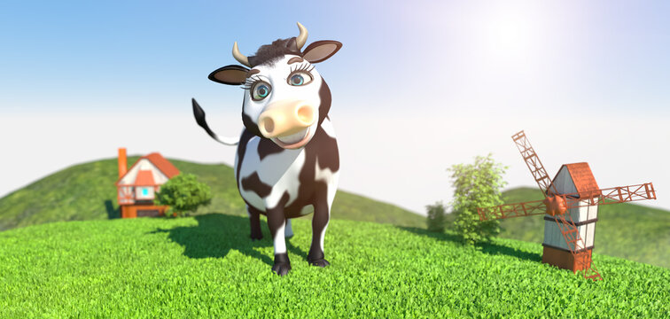 Funny cartoon cow in the meadow render 3d