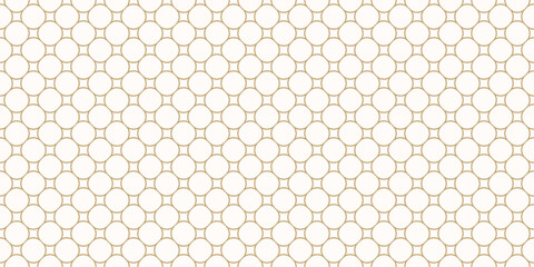 Luxury golden circle mesh texture. Vector minimalist seamless pattern with circular grid, thin curved lines, lattice, net. Simple geometric background. Elegant minimal gold and white repeated ornament