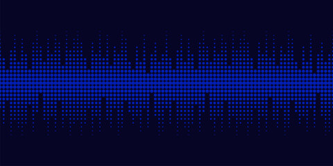 Vector seamless pattern with halftone dots. Dynamic visual effect, simple black and neon blue background. Modern illustration of sound waves, music. Techno disco geometric texture. Repeated design