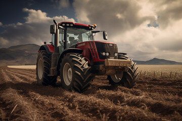 Tractor in a field. Farm. Agriculture. Harvest in a field. Agricultural professions. Peasant world. Harvest period.
