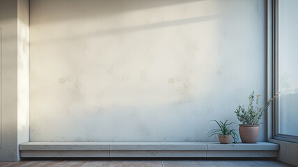 Flowers in pots on the background of an empty wall. Minimalist style design