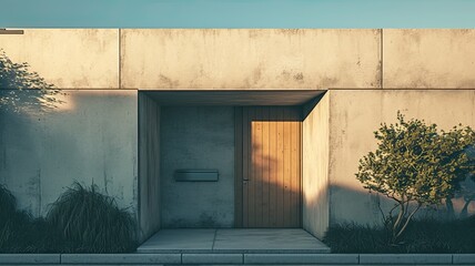 garage door in the center of the frame so that symmetry gives a modern aesthetic and creates a balanced and realistic composition.