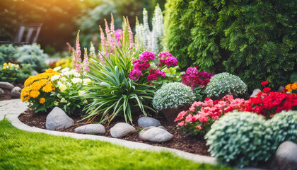 flower garden design with multicolored blossoms, creating a visually stunning and harmonious landscape