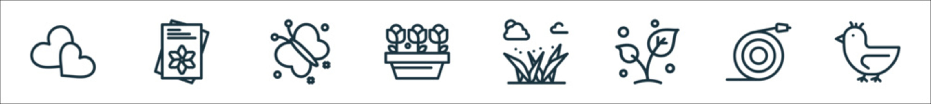 spring line icons. linear set. quality vector line set such as duck, pipe, plant, grass, flower pot, butterfly, seeds.