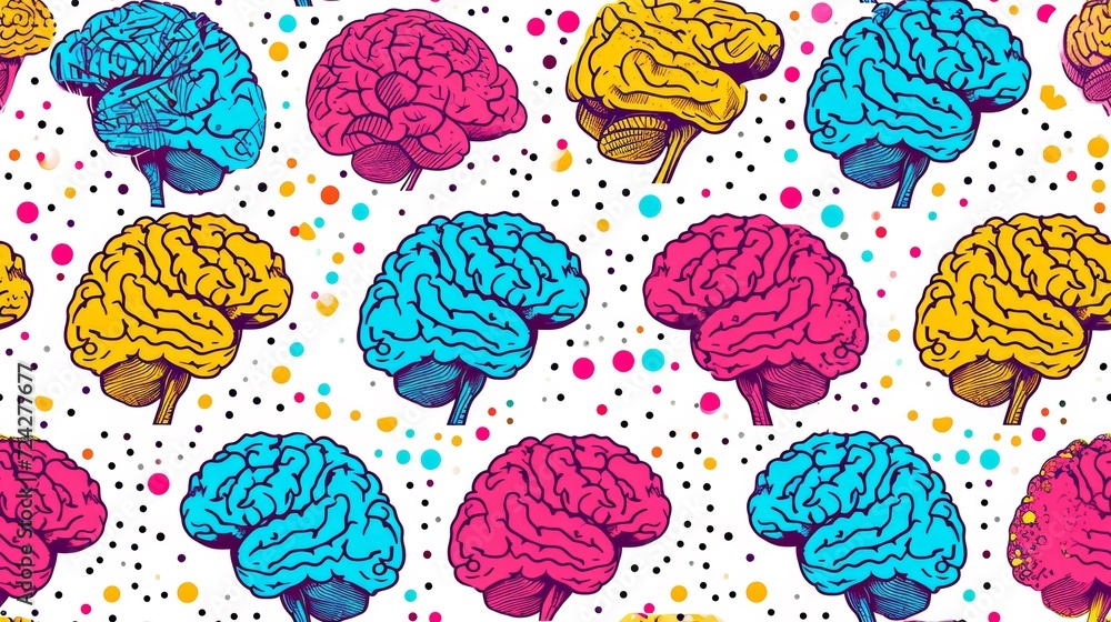 Poster a pattern of colorful brain patterns on a white background, ai