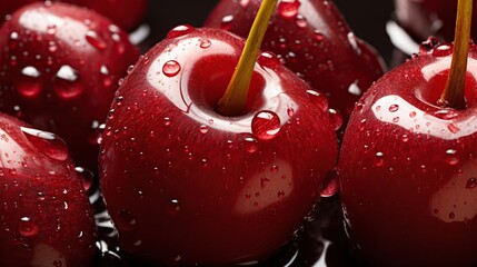 Ripe red cherry covered with water drops, Cherries in magnification with light reflection. Sweet fruit.
