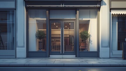 Glass doors to the store. Shop window, light for illuminating the shop window. It brings out the colors and details of the doors, providing a realistic appearance