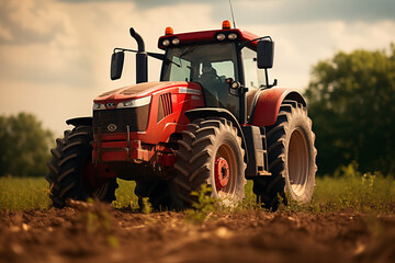 Obraz premium Tractor in a field. Farm. Agriculture. Harvest in a field. Agricultural professions. Peasant world. Harvest period. 