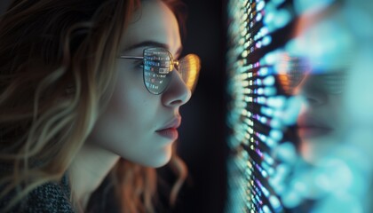A woman closely examines code reflected in her glasses