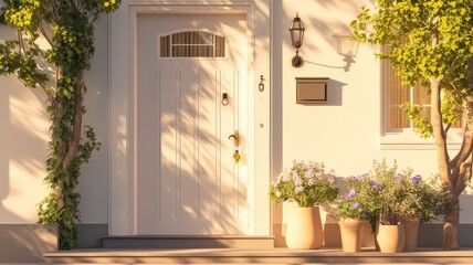 contrast between the white door and the surrounding elements. Highlighted details of white front door and flower pots, texture of door and flower pots