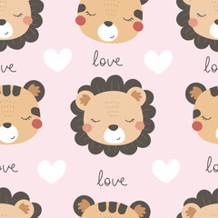 Seamless pattern with cute tiger, lion, decor elements. simple flat vector. Hand drawing for children. animal theme. baby design for fabric, textile, wrapper, print.