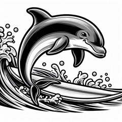Cartoon Black and White of a dolphin doing a surfing trick 