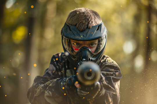 Boy playing paintball aiming at the lens