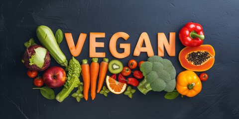 Vegan banner with vegetables surrounding the word