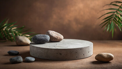 Empty concrete podium for cosmetics, adorned with stones, on a brown background exudes minimalist elegance and product showcase potential