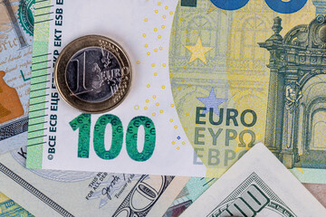 American dollars and European euros close-up