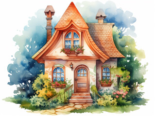 Illustration of watercolor  small fabulous house on white background