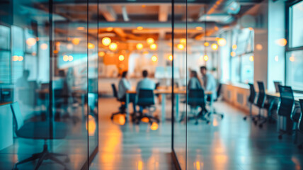
Blurred business office with people and a blurred bokeh background. The concept conveys the dynamism of the business environment and emphasizes a collaborative focus in a modern office.