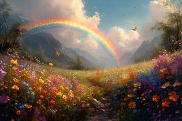 Obraz na płótnie Canvas A vibrant meadow adorned with blooming wildflowers and graceful butterflies, kissed by a delicate rainbow. Created with generative AI.