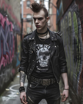 rebellious punk rock vibemale model mohawk hairstyle defiant look pale complexionleather jacket band Generative AI
