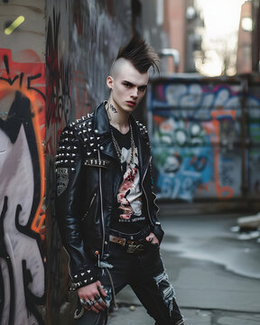 rebellious punk rock vibemale model mohawk hairstyle defiant look pale complexionleather jacket band Generative AI