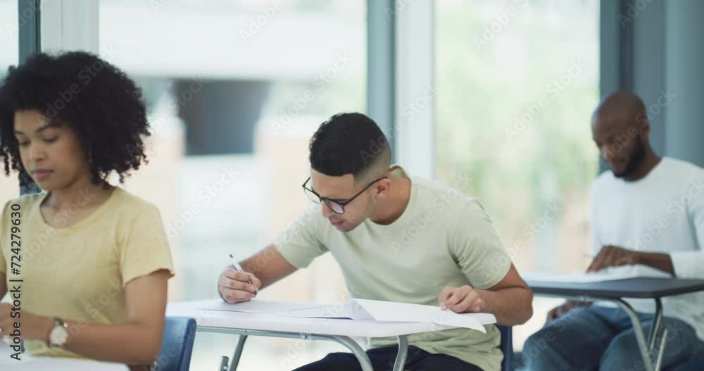 Aufkleber Teacher, students and writing exam in classroom for assessment, grade or knowledge at university. Moderator with group or learners or pupils ready for test, start or paper with documents at school