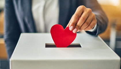 red paper heart into white donation box, embodying charity, compassion, and civic engagement
